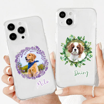 Custom Pet Phone Case with Wreath, Personalized Dog Phone Case with Pet Photo/Name - The Pet Pillow