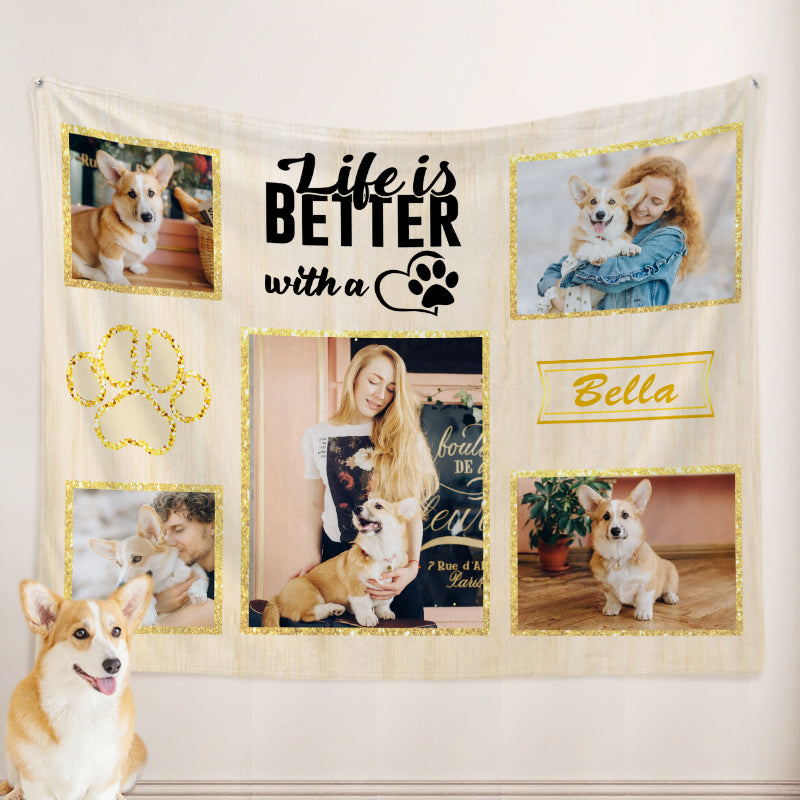 Personalized Dog Blankets with Pictures of the Pet, Custom Paw Print Dog Blanket with Name