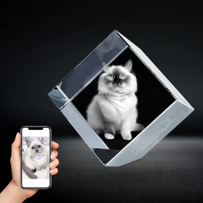 Custom 3d Pet Photo Crystal Laser Etched Glass Cube with Lighted Base - The Pet Pillow