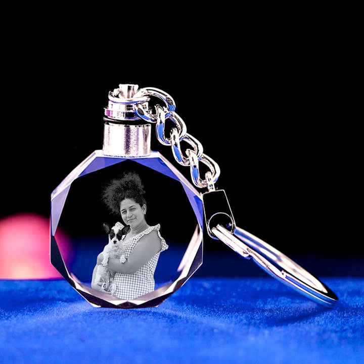 Custom Photo Crystal Keychain – 3D Laser Engraved With LED Light, Round Shape