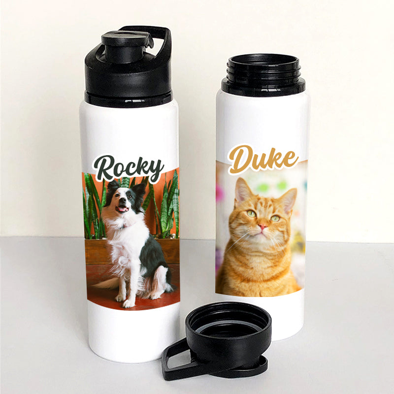 Custom Pet Photo Water Bottle with Name for Walk, Sports, Travel - The Pet Pillow