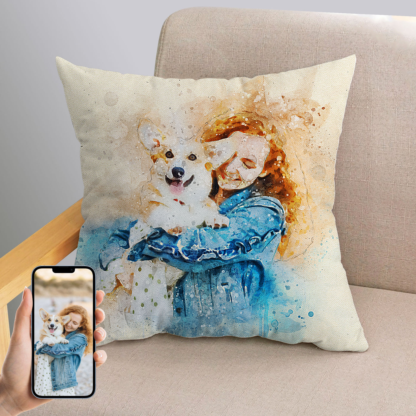 Custom Colorful Pet Portrait Square Pillow, Hand Drawing Dog Memorial Gift for Pet Owners - The Pet Pillow