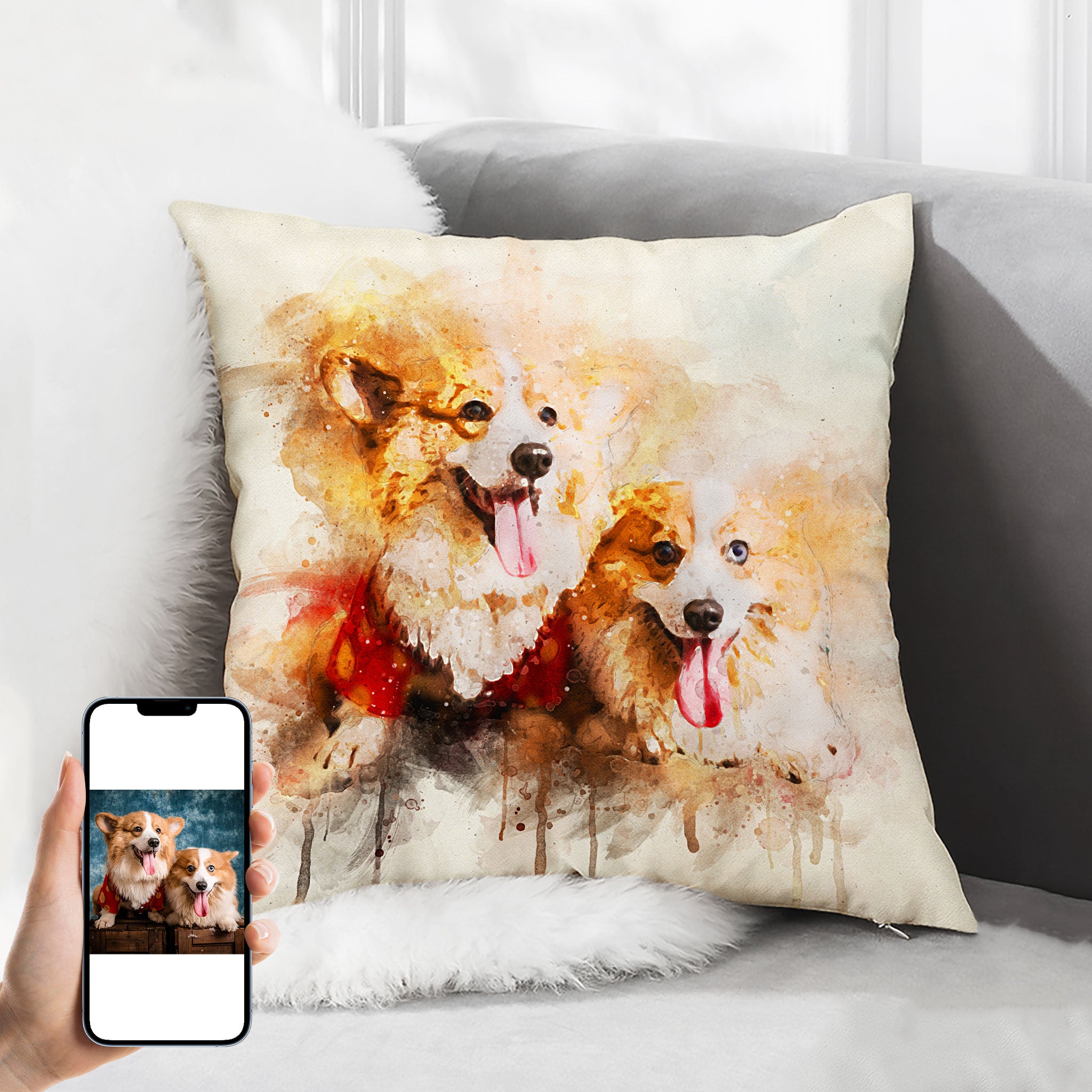 Custom Colorful Pet Portrait Square Pillow, Hand Drawing Dog Memorial Gift for Pet Owners - The Pet Pillow