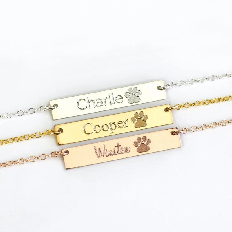 Custom Memorial Paw Print Bar Necklace with Name Engraved - The Pet Pillow