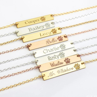 Custom Memorial Paw Print Bar Necklace with Name Engraved - The Pet Pillow