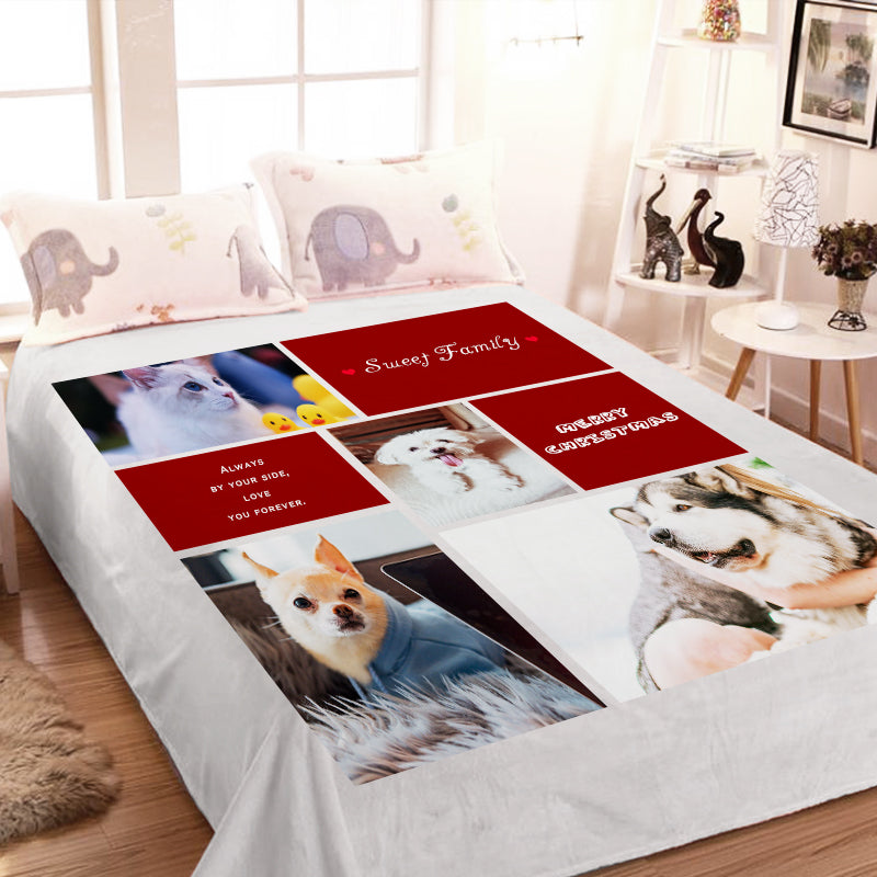 "Sweet Family" Custom Pet Photos Collage Fleece Blanket with 4 Pet Pictures - The Pet Pillow