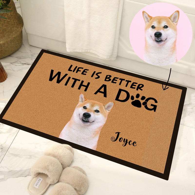 "Life is Better with a Dog Cat" Custom Pet Doormat with Pets Name and Photo - The Pet Pillow