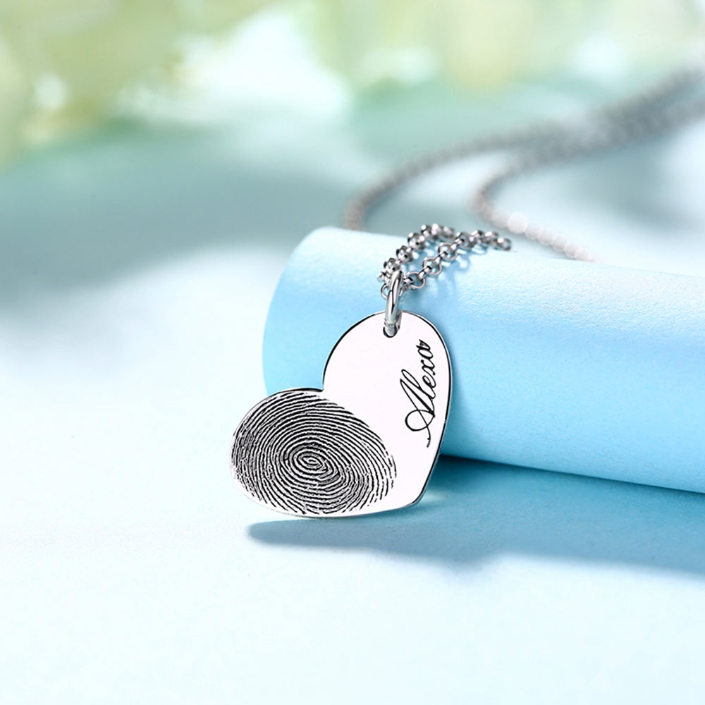 Custom Fingerprint Lettering Heart 925 Sterling Silver Necklace - The Pet Pillow