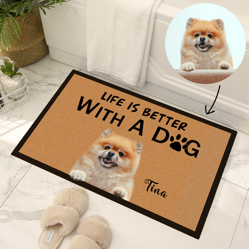 "Life is Better with a Dog Cat" Custom Pet Doormat with Pets Name and Photo - The Pet Pillow