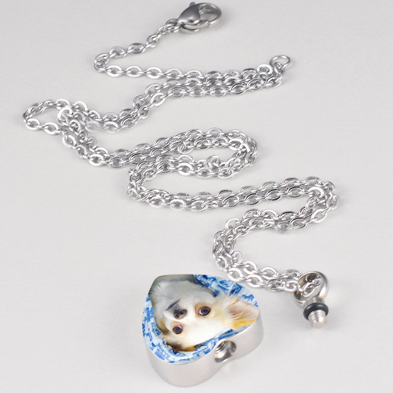 Custom Pet Ashes Necklace with Photo,  Back Engraved - The Pet Pillow