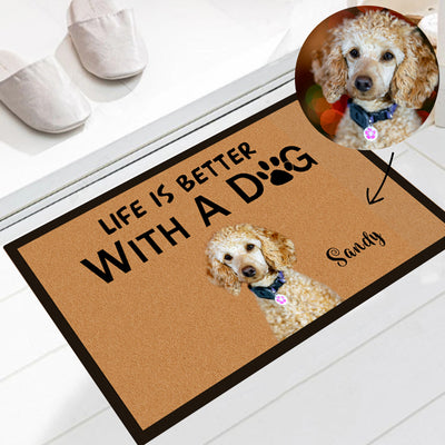 "Life is Better with a Dog Cat" Custom Pet Doormat with Pets Name and Photo - The Pet Pillow