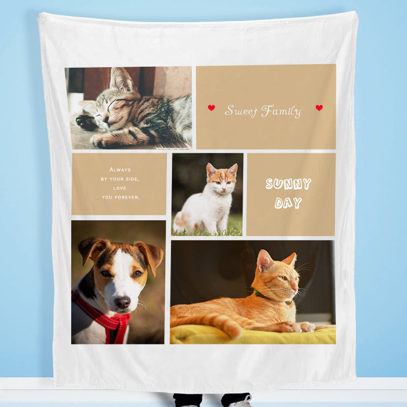 "Sweet Family" Custom Pet Photos Collage Fleece Blanket with 4 Pet Pictures - The Pet Pillow