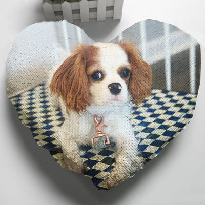 Custom Dog Magic Sequin Pillow with Picture, Personalized Gift for Holiday- Heart Shaped - The Pet Pillow