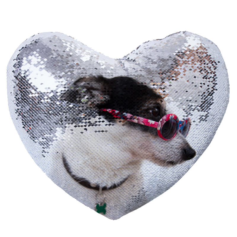 Custom Dog Magic Sequin Pillow with Picture, Personalized Gift for Holiday- Heart Shaped - The Pet Pillow