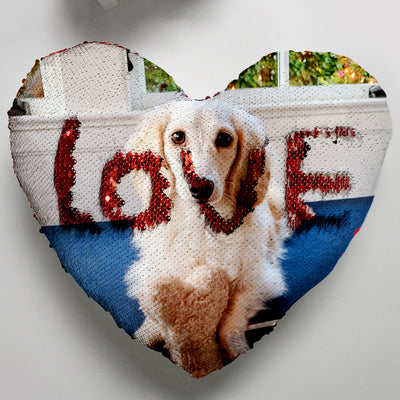 Custom Dog Magic Sequin Pillow with Picture, Personalized Gift for Holiday- Heart Shaped - The Pet Pillow