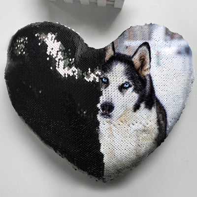 Custom Dog Magic Sequin Pillow with Picture, Personalized Gift for Holiday- Heart Shaped - The Pet Pillow