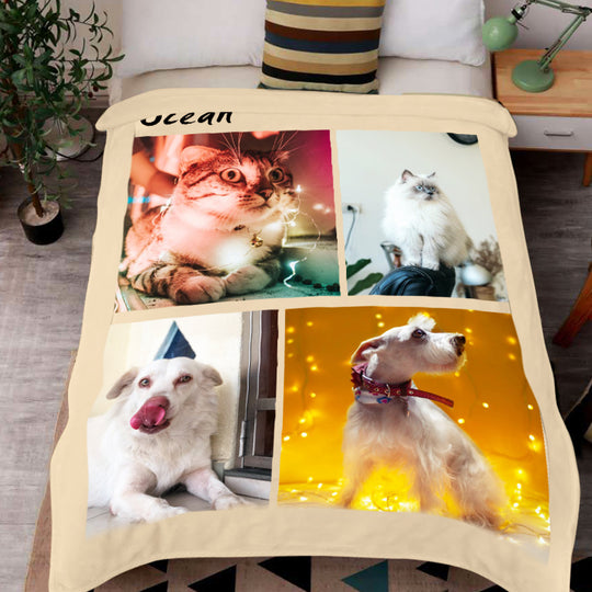 Custom Pet Photo Collage Editable Color Fleece Blanket with 4 Pet Photos - The Pet Pillow