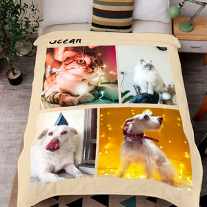 Custom Pet Photo Collage Editable Color Fleece Blanket with 4 Pet Photos - The Pet Pillow