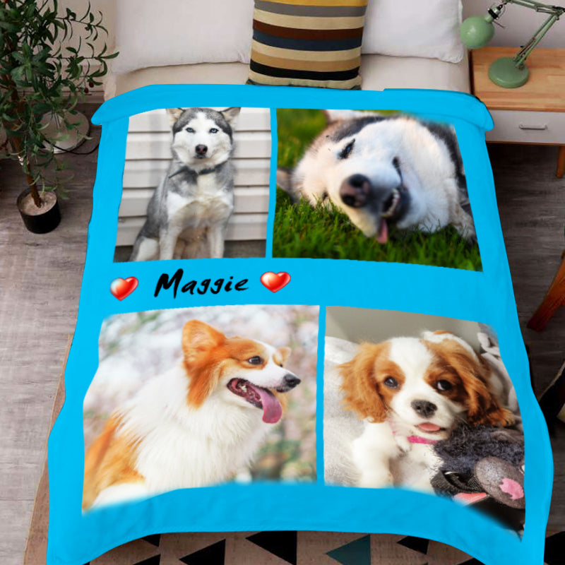 Custom Pet Photo Collage Editable Color Fleece Blanket with 4 Pet Photos - The Pet Pillow