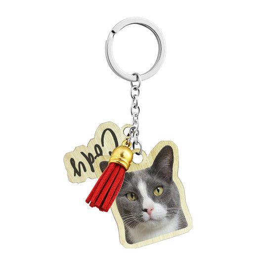 Custom Pet Wood Keychain with Name, Personalized Wooden Keychain with Photo Looks Like Your Pet - The Pet Pillow