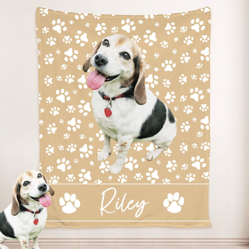 Paw Print Fleece Blanket Customized with Your Pet Photo and Name For Dogs, Cats - The Pet Pillow