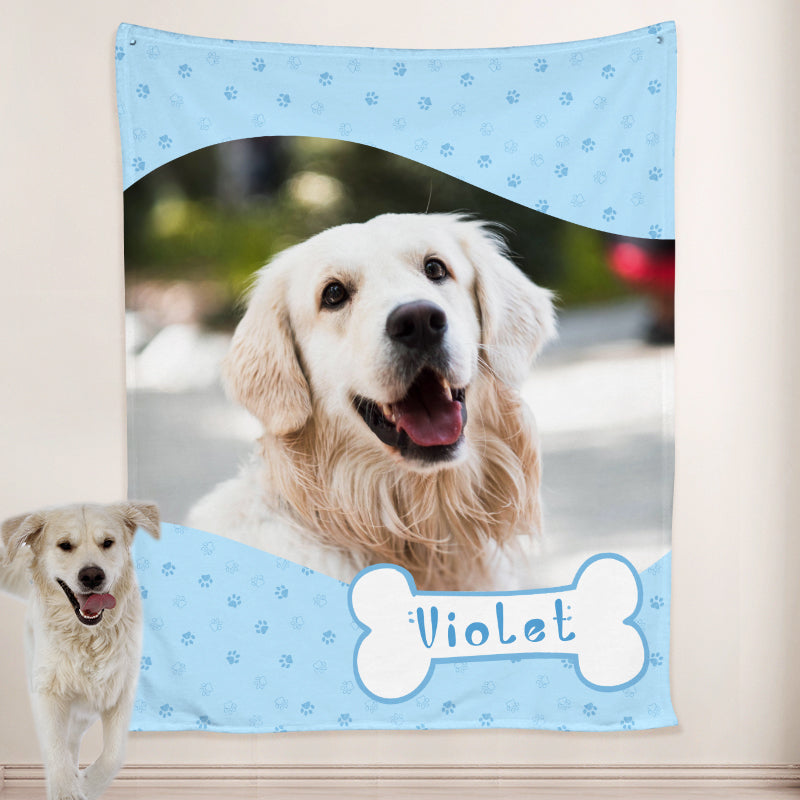 Paw Print Dog Blanket Personalized with Name Engraved, Custom Blanket with Pictures - The Pet Pillow
