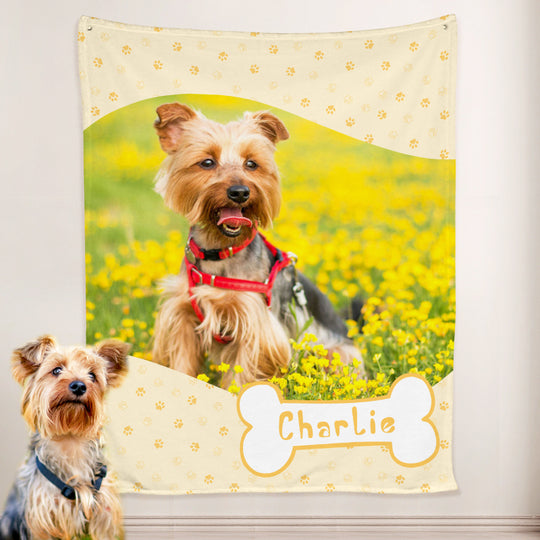 Paw Print Dog Blanket Personalized with Name Engraved, Custom Blanket with Pictures - The Pet Pillow