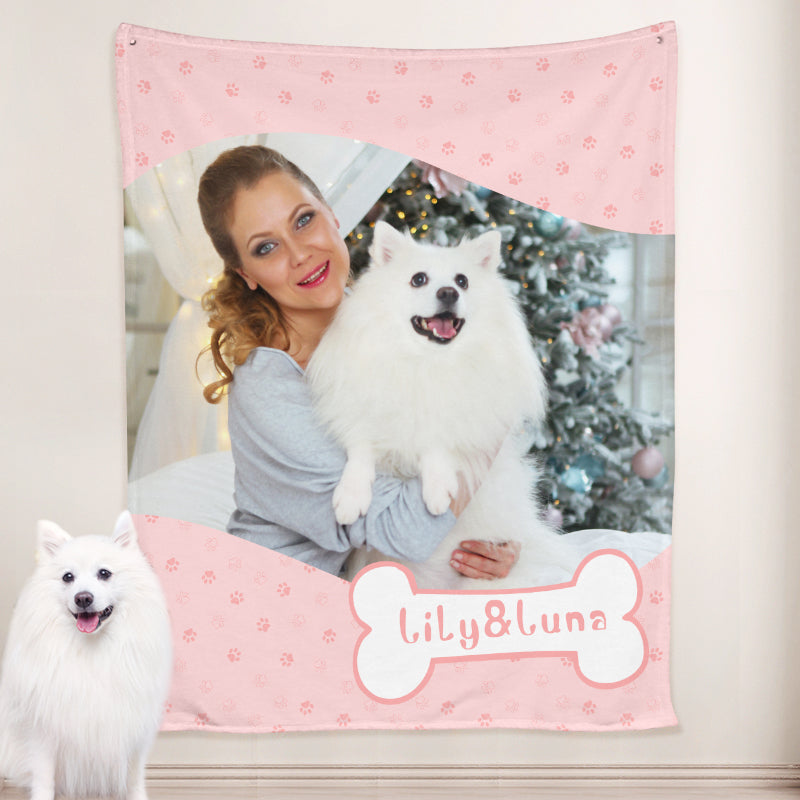 Paw Print Dog Blanket Personalized with Name Engraved, Custom Blanket with Pictures - The Pet Pillow