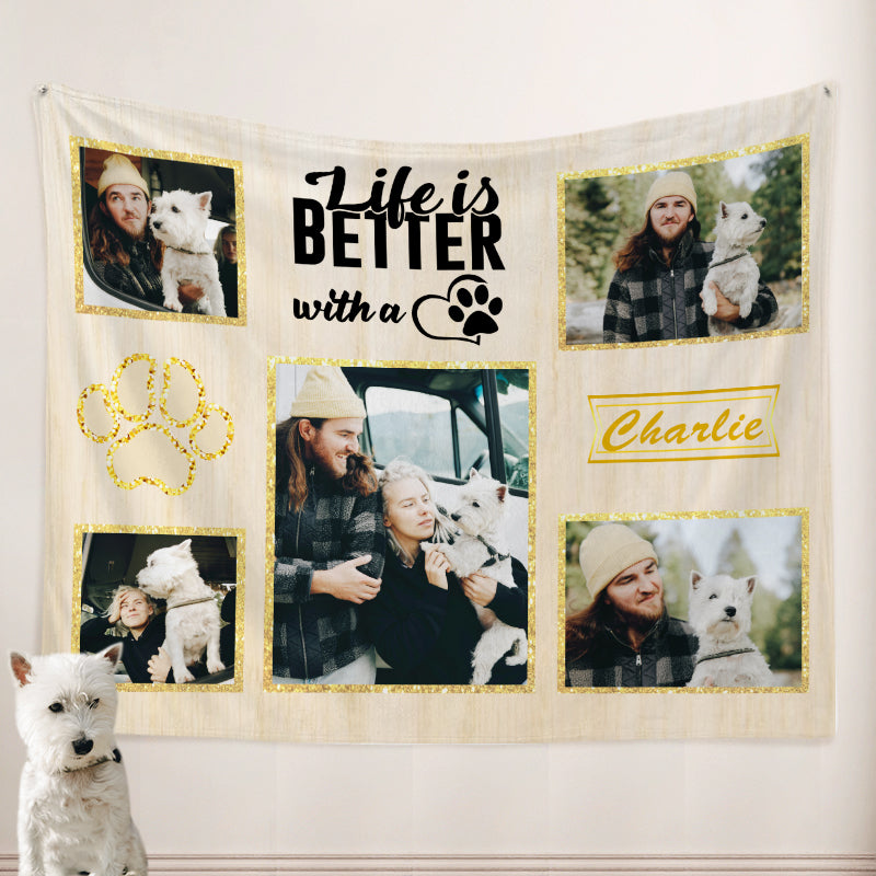 Personalized Dog Blankets with Pictures of the Pet, Custom Paw Print Dog Blanket with Name - The Pet Pillow