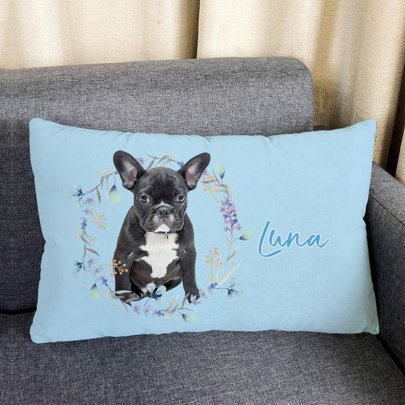 Custom Pet Pillow With Picture Of Pet, Rectangular Decorative Pillows Personalized With Wreath And Name - The Pet Pillow