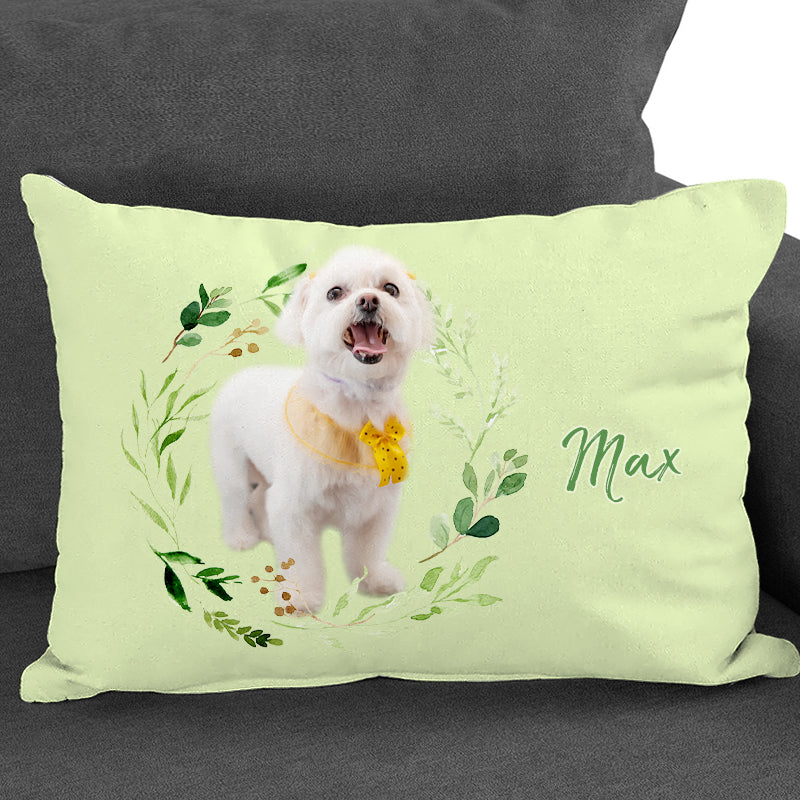 Custom Pet Pillow With Picture Of Pet, Rectangular Decorative Pillows Personalized With Wreath And Name - The Pet Pillow